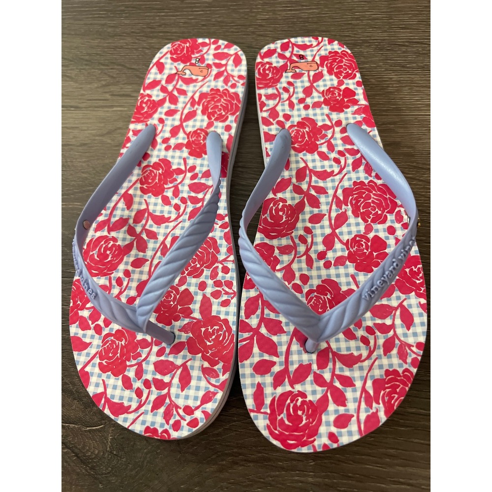 Vineyard Vines Womens Pink Floral Gingham Flip Flop Sandals Blue Whale Size 8